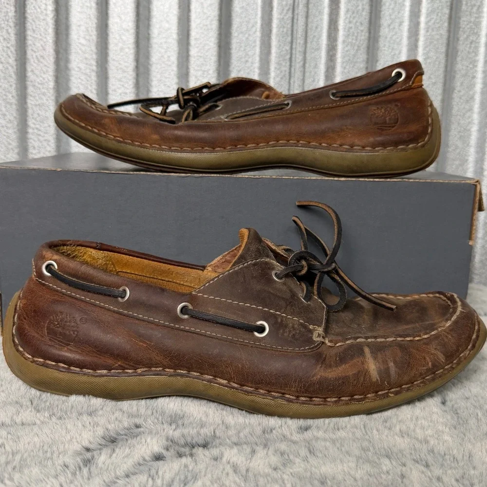 Timberland Mens Brown Leather Boat Shoes Moc Toe Lace Up Size 9.5 M 74017